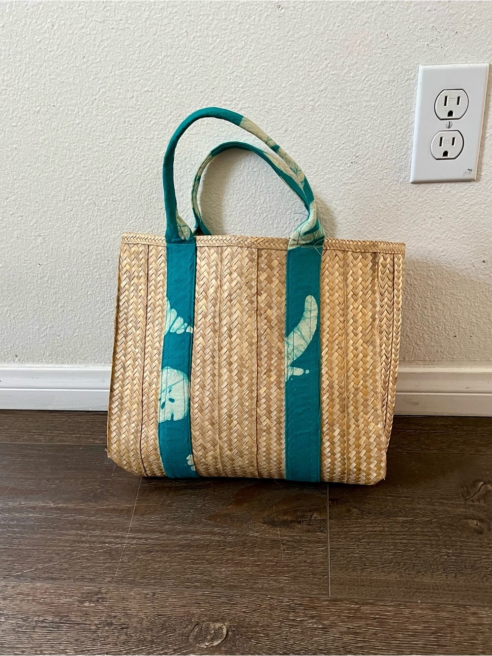 Woven Straw Tote Bag with Teal Accent Handles